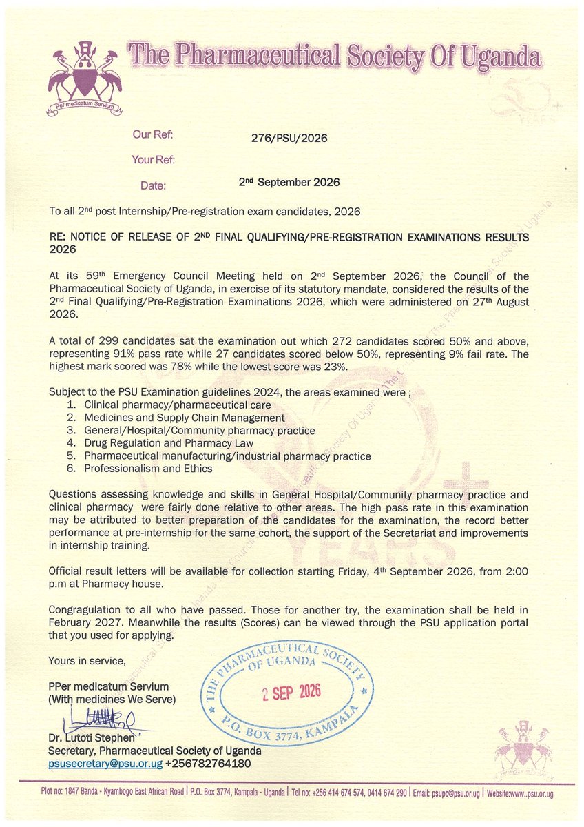 PharmacistsUg's tweet photo. 🎉 RESULTS OUT
The 2nd Final Qualifying/Pre-Registration Examinations 2026 results are here! 299 candidates sat the exam with a 91% pass rate. Congratulations to all who passed! Result letters available for collection from Friday, 4th September 2026, 2:00 PM at Pharmacy House. 💊#PharmacyUganda #PSU