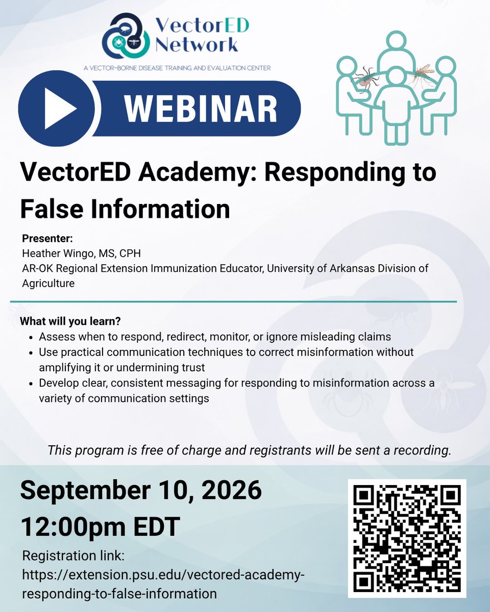 VectorEDNetwork's tweet photo. How do you respond when misinformation and disinformation make it harder for people to find and trust accurate information?

Join the VectorED Academy on September 10 for “Responding Strategically: Practical Tools for Countering False Information” with Heather Wingo, MS, CPH. https://t.co/8ibgb8bT6U