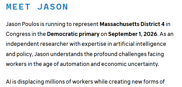 PersonBrop's tweet photo. @jasonvpoulos I have to admit, I was surprised that I hadn't heard your name in your district, and when I looked you up, you put your experience with AI research above the part where you go into the dangers on it. I almost clicked away with disgust, and I was still uncertain. Odd choice https://t.co/4zDEOSoMwL