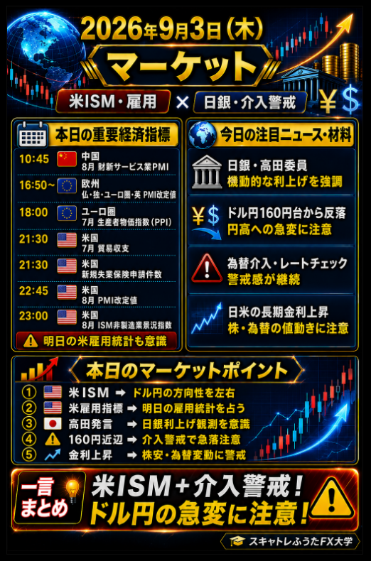 fuuta_fx_trader's tweet photo. ■本日の注目マーケット｜9月3日（木）
本日はこの指標に注目💡
▼テクニカル分析についてはこちら▼
https://t.co/LV2ThFZC7z

#ドル円
#為替介入
#日経平均
#米指標
#マーケット https://t.co/3CvVwMe5MP