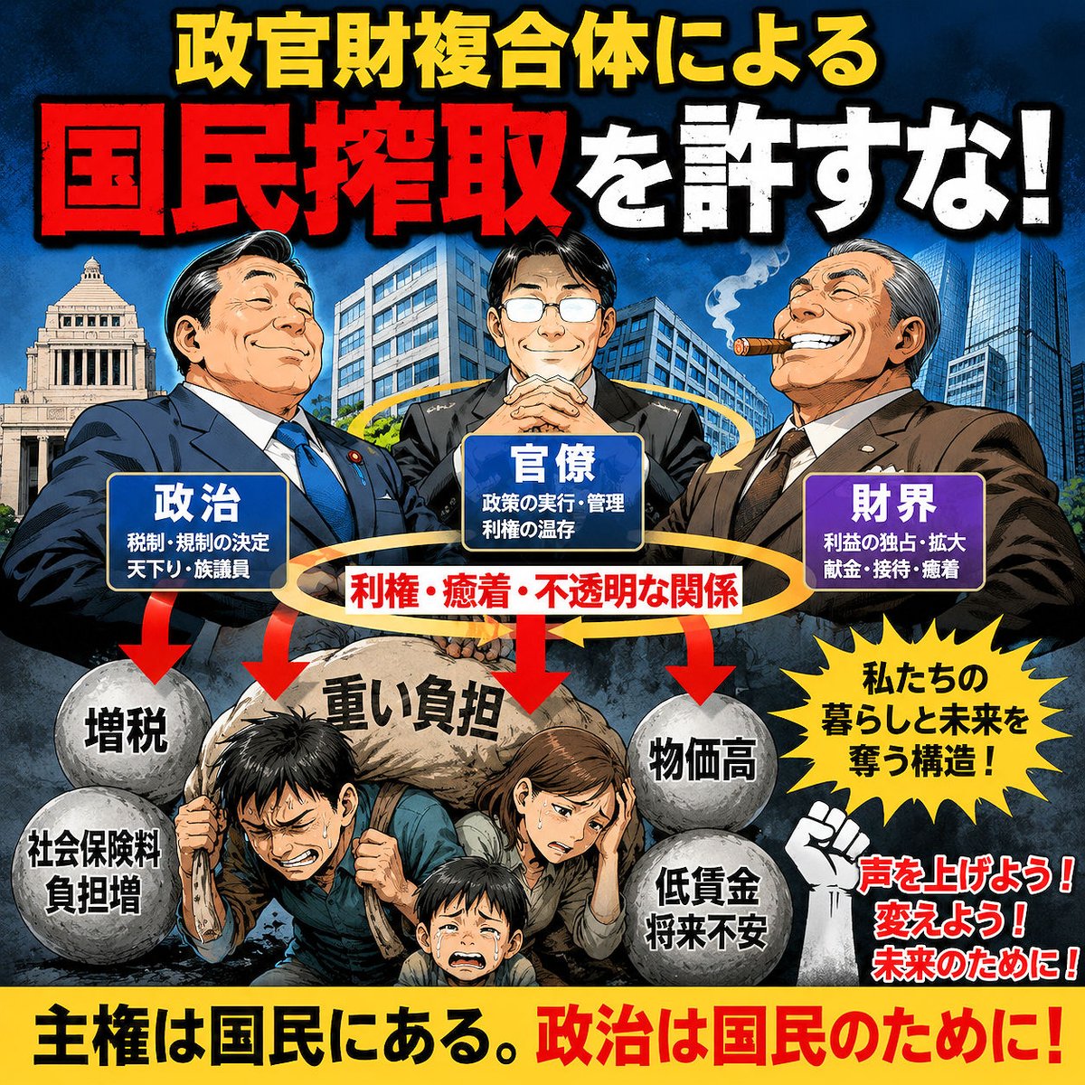 sate_tv's tweet photo. 【政官財複合体による国民搾取を許すな！】

日本の現状を見ていくと政治と官僚と財界が一体となり国民から搾取する構造が続いており、主権者である国民が虐げられている。

官僚に指示を出し政官財に国民から搾取させ上前をはねているのは米国だが、この二重構造が国民を長年苦しめている実態である。