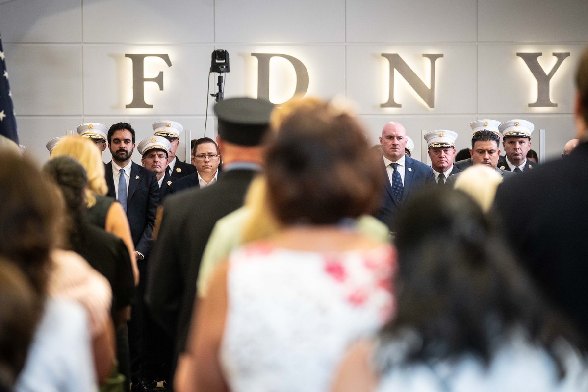 NYCMayor's tweet photo. On 9/11, FDNY first responders answered the call when New Yorkers needed them most. Day after day, they returned to Ground Zero to search for survivors through smoke and debris.

Their sacrifice came at a staggering cost. In the years since, our city has lost more than 600 FDNY members to the effects of toxic exposure. Today, the names of another 36 members who died of 9/11-related illnesses in the past year were added to a Memorial Wall at FDNY headquarters.

I was honored to join their families, and the men and women of the FDNY, to pay tribute to these fallen heroes. Their names are now forever etched in stone — and our city will never forget their courage and devotion.