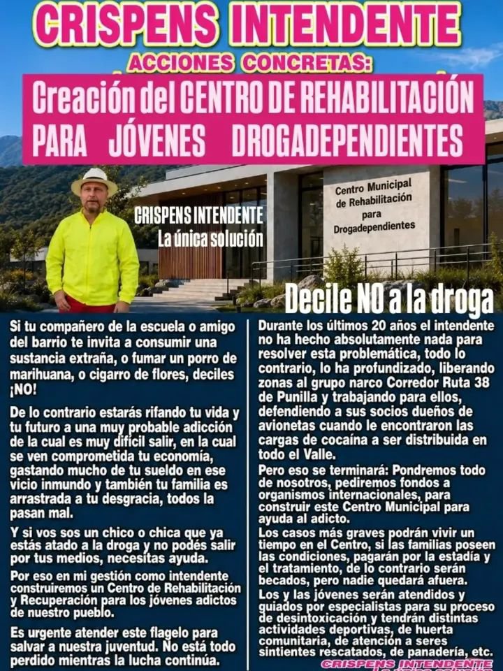 JavierEsHonesto's tweet photo. DECILE ¡NO! A LA DROGA.
CREACIÓN DEL CENTRO DE REHABILITACIÓN PARA DROGADEPENDIENTES CON CRISPENS INTENDENTE.
LA ÚNICA SOLUCIÓN.
#CrispensIntendente
#SantaMaríadePunilla https://t.co/e3Ys6MGoWG
