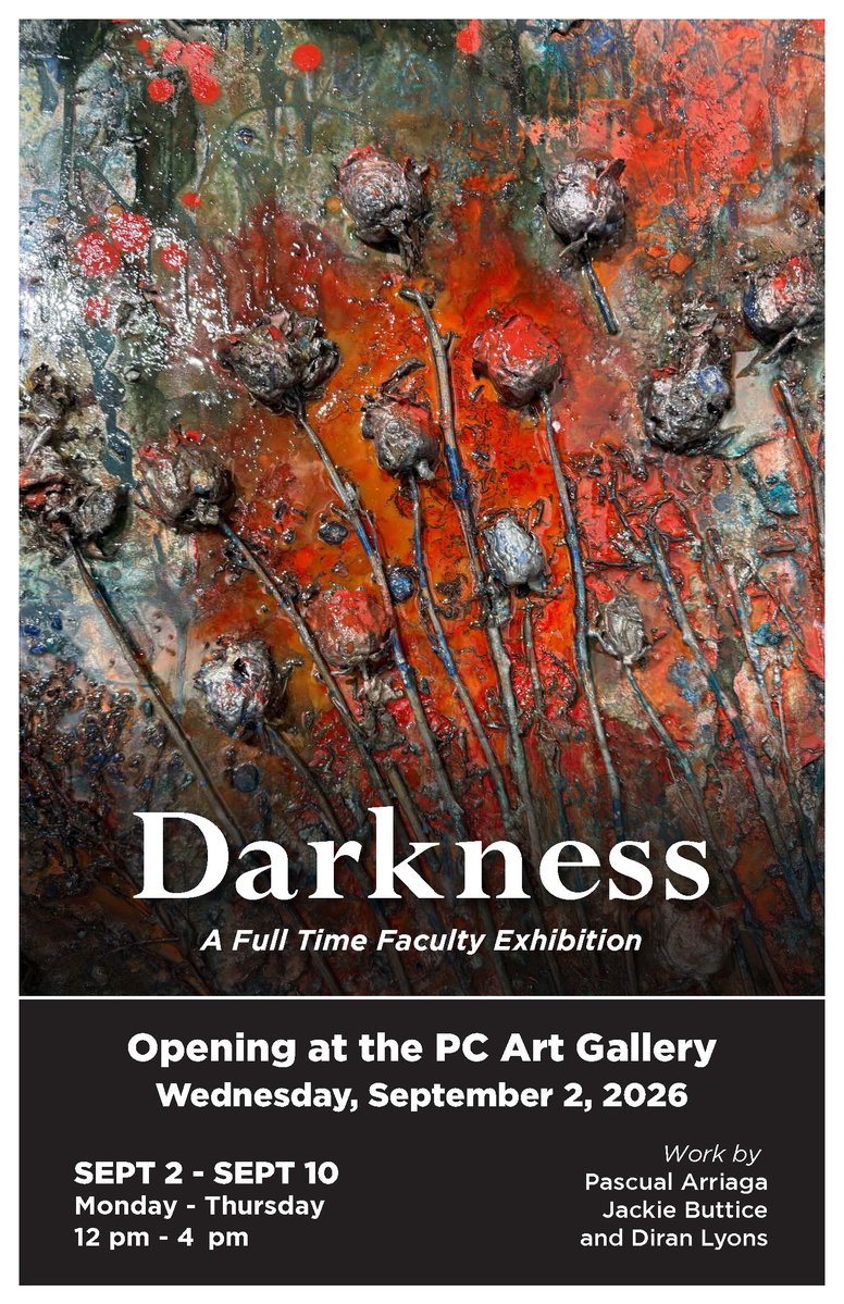 PCollegePirates's tweet photo. Check out PC's new art exhibition, "Darkness: A Full-Time Faculty Exhibition," open for a limited time from 9/2-9/10!

Featuring recent works by full-time art faculty: Jackie Buttice, Pascual (Paco) Arriaga &amp; Diran Lyons.

Read the full press release: https://t.co/isu0qIii9t https://t.co/xq9KwGv8Tl