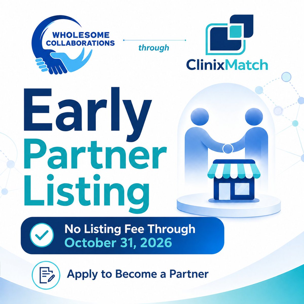 WholesomeCollab's tweet photo. Do you support healthcare practices with billing, licensing, legal, accounting, consulting, software or more? ClinixMatch Early Partner Listing is open - no listing fee through Oct. 31, 2026. Apply: https://t.co/dwZayDogsb https://t.co/z3wk1D2P7P