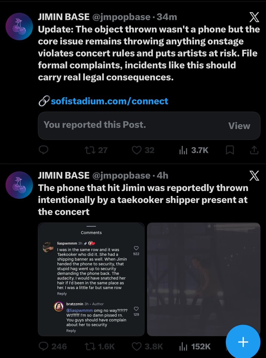 TAETAE_PH's tweet photo. We’ve been thinking about how to approach this since yesterday. We wanted to speak up only after we had enough time to process what happened, because we don’t want our words to come across as impulsive or based on incomplete information.

What happened was disappointing on several levels.

First, what that fanbase did was deeply unbecoming of a large fanbase with such a big platform. Before putting out a serious accusation, especially one involving an artist, the bare minimum should be to check the facts and make sure the information being shared is actually true.

Second, this was not just a harmless misunderstanding. A false narrative was quickly amplified, redirecting attention from what should have been a happy concert night and creating unnecessary hate and accusations toward people who had nothing to do with it.

What makes this even more disappointing is where this accusation came from and how quickly it was believed. The original claim came from a vile shipper account that has openly shown hostility toward 🐯 and has repeatedly spread malicious claims about him. Instead of treating such a serious accusation with caution and verifying it independently, the claim was immediately taken at face value and amplified to thousands of people.

And when people started correcting the information, JmPopbase (@/jmpopbase) was quick to hide comments on their original post. Instead of taking those corrections as an opportunity to stop, review the footage, and fact-check what had been reported to them, the corrections were hidden while the accusation continued to circulate.
This is exactly why fact-checking matters.

The footage and timeline show that the phone was already there before Jimin reached that part of the stage. This could have been easily verified before accusing an entire group of fans—and more importantly, before allowing 🐯’s name to be dragged into it.

To everyone who was quick to believe the accusation and spread it further, we urge you to stop. Please do your own fact-checking before joining a hate train. Do not let someone else's existing agenda against 🐯 become your reason to believe and spread an unverified accusation.

If you see accounts continuing to spread this false claim or deliberately using it to attack 🐯, please report them instead of giving them more engagement.

We hope this is an eye-opener for everyone.

It is incredibly easy to jump on a hate bandwagon when 🐯 is the target, yet somehow so difficult to speak up when he is the one being unfairly targeted.

We are speaking now because this has clearly gone beyond a simple misunderstanding. The end goal of these accounts is to damage 🐯’s name, create hate toward him, and push a narrative that was never true to begin with.

We will not stand by and watch that happen.

We are not asking anyone to blindly take our word for it. Watch the footage. Check the timeline. Look at the facts for yourself.

But once the truth is clear, please have enough integrity to stop spreading a lie.

Do not drag 🐯 into something he had nothing to do with.

And to the people who are so quick to believe every accusation against him: maybe it’s time to ask yourselves why you are always so willing to believe the worst about one member without even checking the facts first.

Do not drag 🐯 into something he had nothing to do with.
Do not use misinformation to manufacture hate against him.
And do not expect us to stay silent while his name is being deliberately dragged.

We can call out irresponsible behavior without being impulsive. We can defend 🐯 without attacking anyone who does not deserve it.

But make no mistake: we are not pushovers, and we will not allow 🐯 to be used as a scapegoat for someone else’s narrative.
