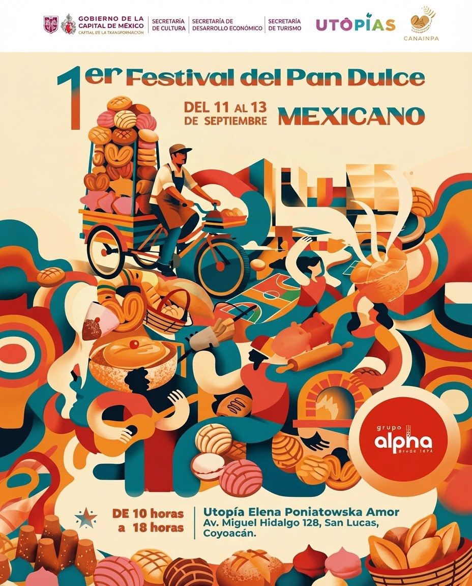 CulturaCiudadMx's tweet photo. ¡Prepárate para endulzar tus sentidos! 🥐🥖

La Utopía Elena Poniatowska Amor albergará el “Primer Festival del Pan Dulce Mexicano” en donde podrás disfrutar de la gran expo-venta, demostraciones, charlas y música en vivo.

No te pierdas de este gran encuentro que  busca reconocer al pan dulce como una expresión fundamental de nuestra cultura alimentaria.

🗓️ Del 11 al 13 de septiembre, 2026
🕣 De 10 a 18 horas
📍 Utopía Elena Poniatowska
🎟️ #EntradaLibre

Canainppa Panaderos de México Gobierno de la Ciudad de México Dirección General de Patrimonio Histórico, Artístico y Cultural

#PanDulce #TradiciónMexicana #SaborMexicano

@CANAINPAoficial @GobCDMX