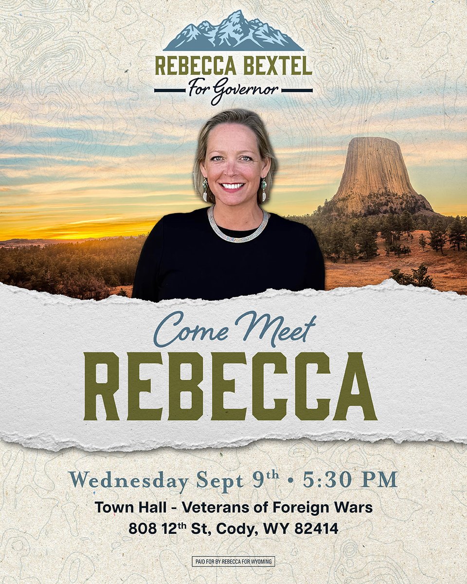 RebeccaForWY's tweet photo. Join Rebecca for an honest conversation about Wyoming’s future and the conservative leadership we need to defend our way of life.
Wednesday, Sept. 9
5:30 PM
VFW Town Hall, 808 12th St., Cody
Bring a friend! 
#RebeccaForGovernor https://t.co/N5g1GarTXm