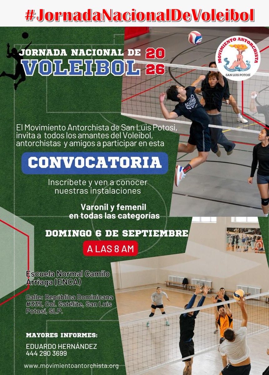 Jesuss_Ram's tweet photo. En las 32 entidades se juega este 6 de septiembre. En SLP el punto es la Escuela Normal Camilo Arriaga a las 8:00 am. ¡Cuenta conmigo! #JornadaNacionalDeVoleibol https://t.co/xC9yJ4JHUZ