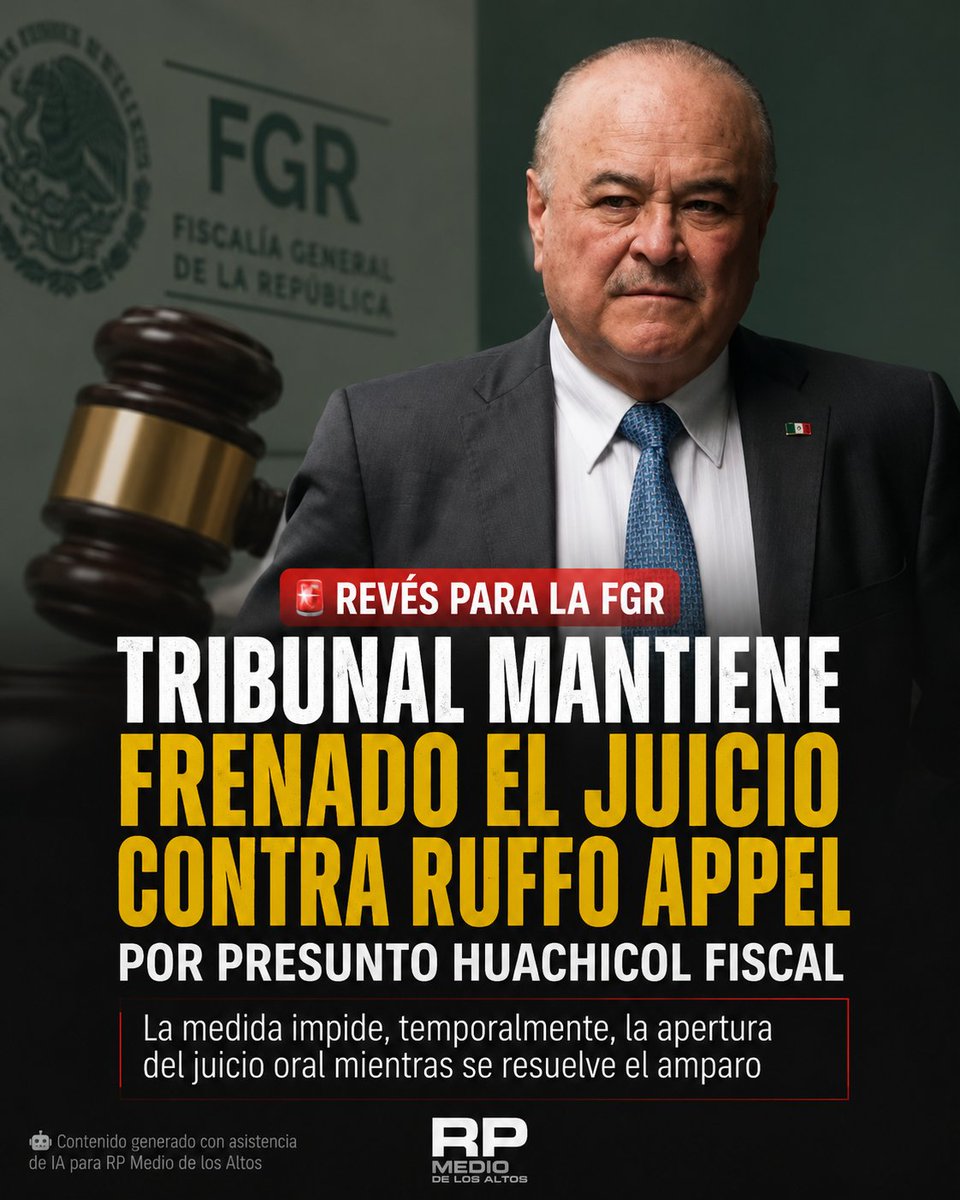 RPMedio's tweet photo. 🚨 Revés para la FGR: tribunal mantiene frenado el juicio contra Ruffo Appel por presunto huachicol fiscal

Un Tribunal Colegiado rechazó por unanimidad la queja de la FGR y confirmó la suspensión que impide, temporalmente, llevar a juicio oral al exgobernador panista de Baja California.

Ernesto Ruffo Appel permanece preso en el Altiplano y vinculado a proceso por delincuencia organizada y contrabando de hidrocarburos.

La Fiscalía lo relaciona con un esquema para introducir ilegalmente al país más de 18 millones de litros de combustibles mediante 163 carrotanques.

El proceso continúa: lo que queda detenido es su avance hacia el juicio oral hasta que se resuelva definitivamente el amparo.

#RicardoPadilla #FGR #HuachicolFiscal