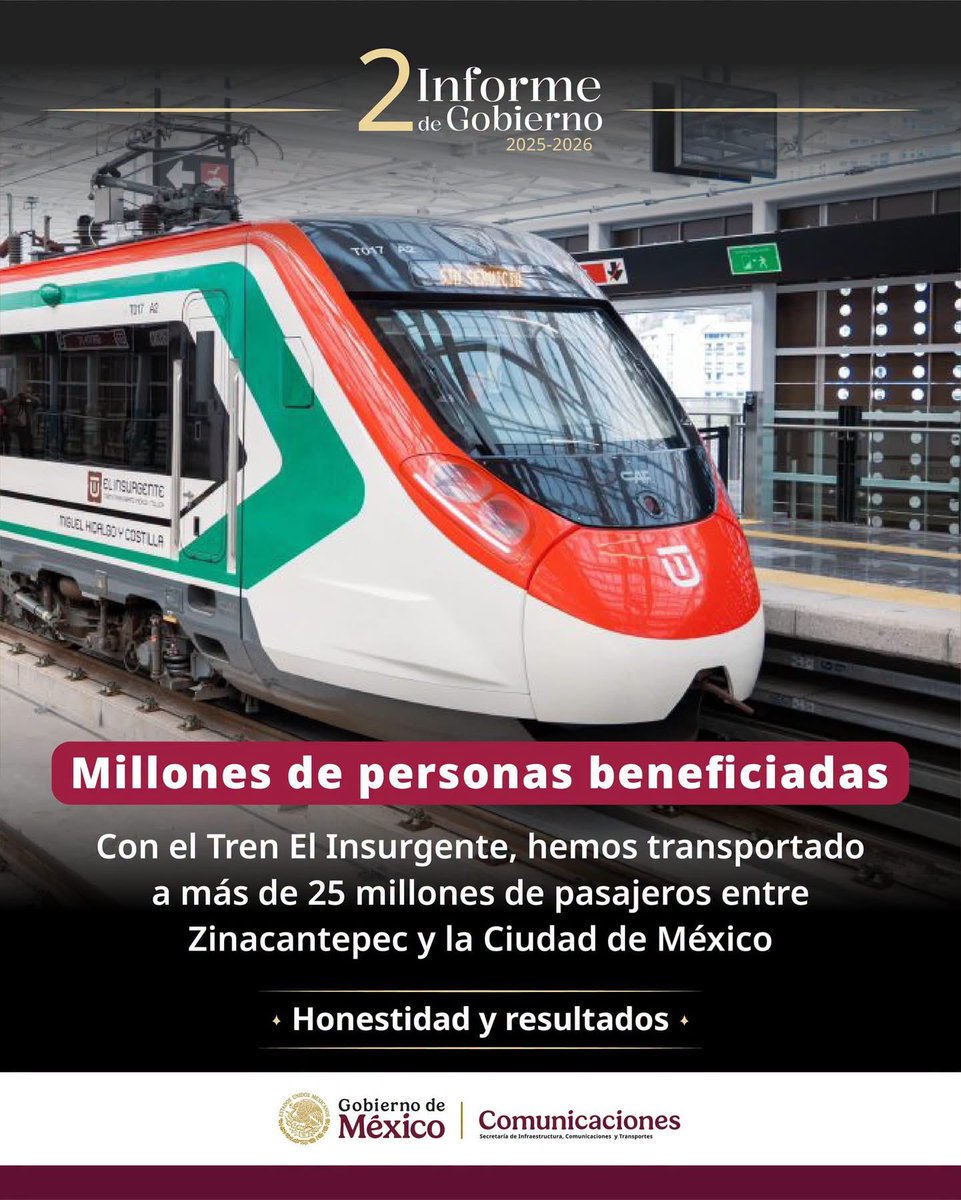 SICTmx's tweet photo. El Tren “El Insurgente” brinda un transporte rápido, seguro y cómodo al poniente de la Ciudad de México. Desde su conclusión ha transportado a más de 25 millones de pasajeros. 
#HonestidadYResultados https://t.co/TBt7cSECrd