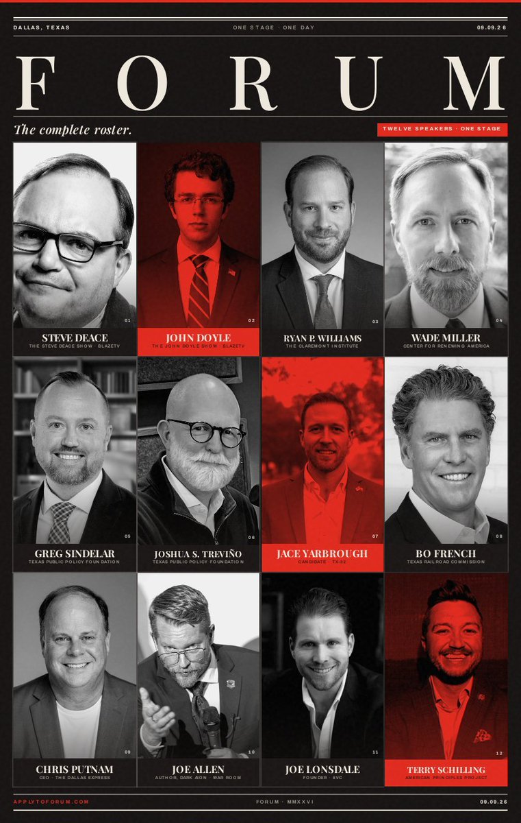 JackPosobiec's tweet photo. Forum is STACKED 

Dallas. Sept 9

And many more to be announced

https://t.co/njj5yz4gog promocode POSO https://t.co/Y1lsfEBjaI