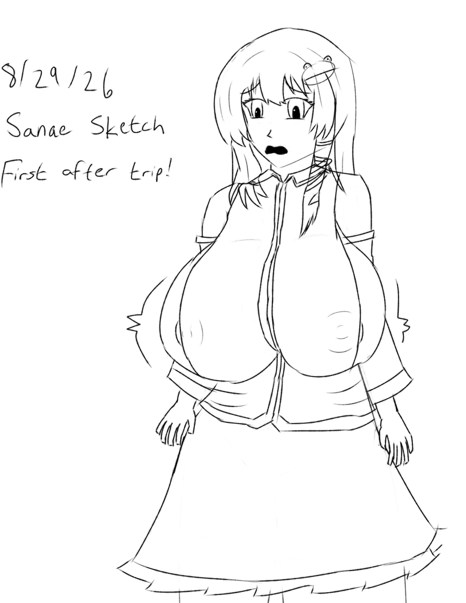 tronmerncutsman's tweet photo. 8/29 saw me back home after a week off on a trip, and to derust I decided to do a sketch of Sanae Kochiya! I couldn't help myself though, and decided to expand her boobs instead of making her hands look better... this became a bit of a trend moving forward, lol https://t.co/sFHdMwOfQ5