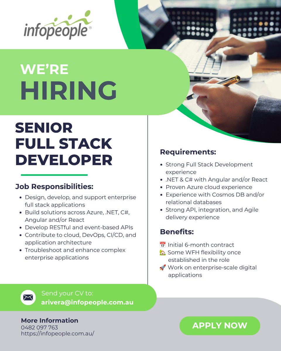 Infopeopleau's tweet photo. @Infopeopleau is #hiring! 📢📢
We are looking for a 𝗦𝗲𝗻𝗶𝗼𝗿 𝗙𝘂𝗹𝗹 𝗦𝘁𝗮𝗰𝗸 𝗗𝗲𝘃𝗲𝗹𝗼𝗽𝗲𝗿👇
https://t.co/XDId3jCz2K
Reach out to us at 0482 097 763 OR visit 𝐰𝐰𝐰.𝐢𝐧𝐟𝐨𝐩𝐞𝐨𝐩𝐥𝐞.𝐜𝐨𝐦.𝐚𝐮.
#FullStackDeveloper #SeniorDeveloper #SoftwareDeveloper https://t.co/PFvFMyde23