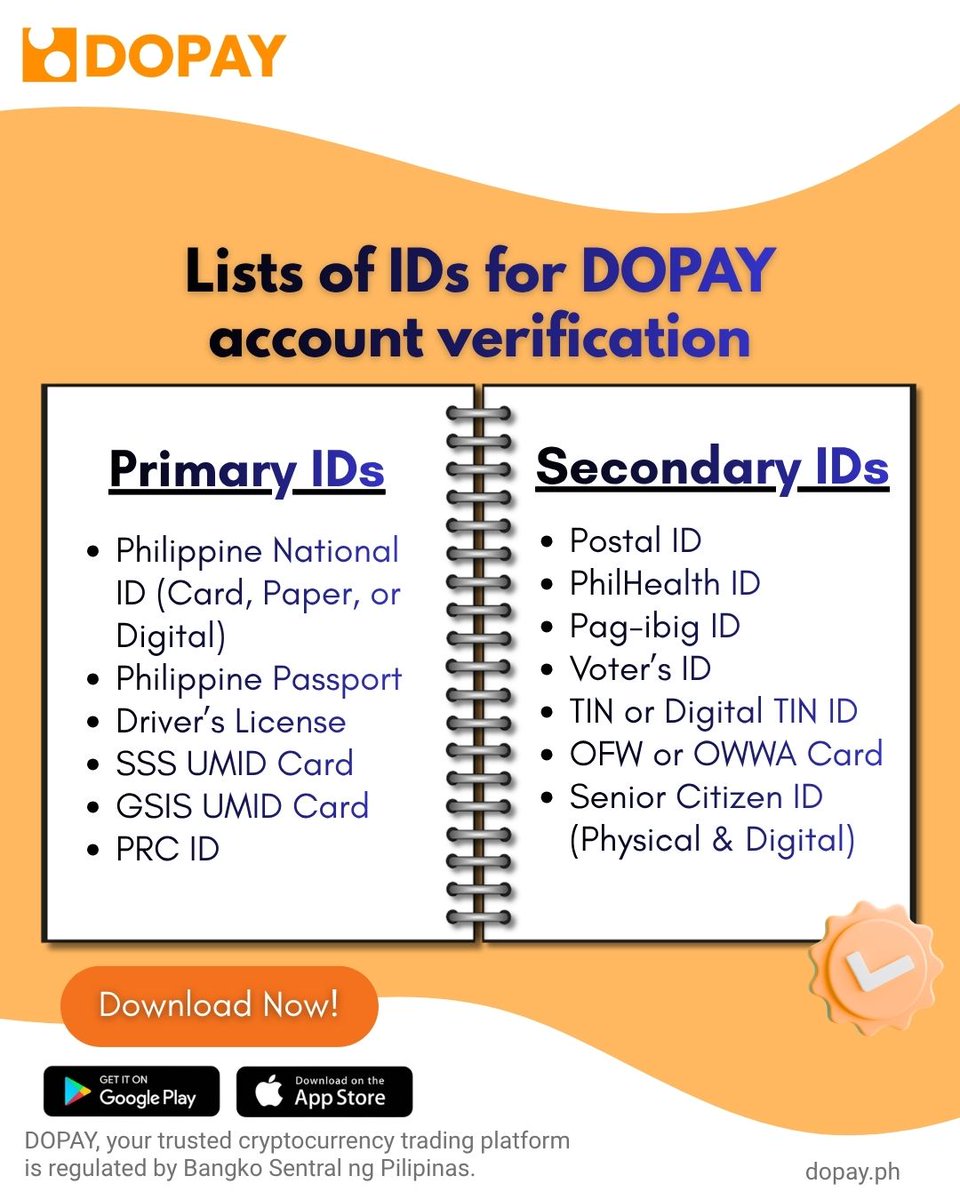 DOPAY_Official's tweet photo. 𝗚𝗲𝘁 𝗿𝗲𝗮𝗱𝘆 𝘁𝗼 𝘃𝗲𝗿𝗶𝗳𝘆 𝘆𝗼𝘂𝗿 𝗗𝗢𝗣𝗔𝗬 𝗮𝗰𝗰𝗼𝘂𝗻𝘁!

𝗖𝗵𝗲𝗰𝗸 𝘁𝗵𝗲 𝗮𝗰𝗰𝗲𝗽𝘁𝗲𝗱 𝗜𝗗𝘀 𝗳𝗼𝗿 𝗗𝗢𝗣𝗔𝗬 𝗮𝗰𝗰𝗼𝘂𝗻𝘁 𝘃𝗲𝗿𝗶𝗳𝗶𝗰𝗮𝘁𝗶𝗼𝗻 𝗮𝗻𝗱 𝗰𝗼𝗺𝗽𝗹𝗲𝘁𝗲 𝘆𝗼𝘂𝗿 𝘃𝗲𝗿𝗶𝗳𝗶𝗰𝗮𝘁𝗶𝗼𝗻 𝘄𝗶𝘁𝗵 𝗲𝗮𝘀𝗲.

Experience DOPAY today. Available on iOS and Android.

DOPAY is regulated by Bangko Sentral ng Pilipinas. For more details, visit https://t.co/O3iy7Shdlu

#Remittance #OFW #AffordableFee #Blockchain #CryptoPH #CryptoPhilippines #CryptoJourney #cryptotrading #fintechplatform #DigitalAsset #DigitalWallet #dopayph #futurestartswithyou #ShapeTheFuture