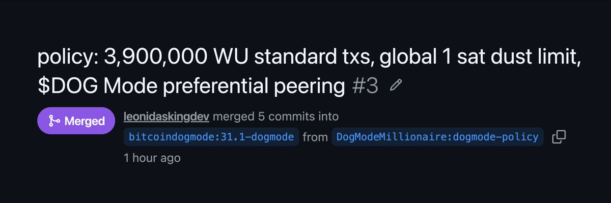 LeonidasNFT's tweet photo. I am very excited to share that the first and main Bitcoin $DOG Mode pull request has been merged!

Thank you to everyone who contributed

There are a few more minor changes that need to be made and then a release candidate with binaries will be prepared so that developers can start running and testing $DOG Mode

Assuming all goes well in the testing phase $DOG Mode will be publicly released for everyone to run and use in the coming days