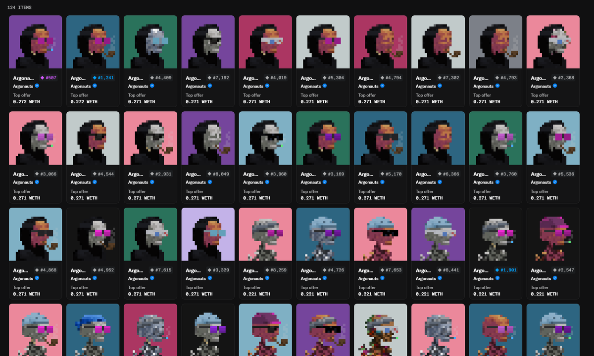 CryptoGorilla's tweet photo. Qwerty just swept 124 Argonauts, including 24 Death Cloaks

Floor went from 0.19e to 0.25e https://t.co/dxDFw3OjCe