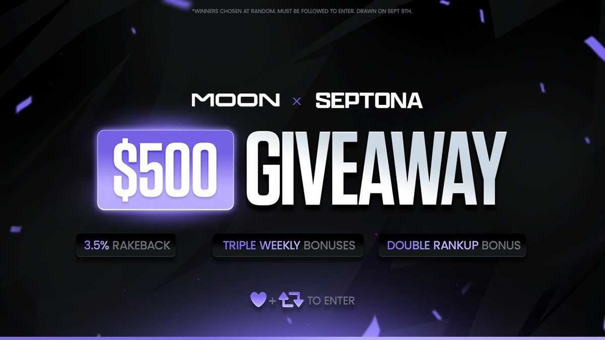 septona's tweet photo. 💜 NEW PARTNERSHIP ANNOUNCEMENT 💜

Happy to announce that I have partnered with @getonmoon 🌙 & Giving away $500 ( 10x$50 ) 🎁

Sign up: https://t.co/3t5VEyla2h

All code users get Triple Weeklies, Double Rankups and Instant 3.5% Rakeback ✅

Just Like,RT,Sign up and post proof💙