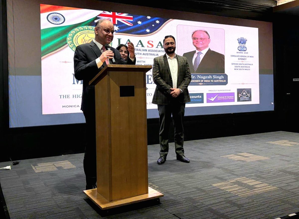 HCICanberra's tweet photo. High Commissioner of India @nageshsinghIFS  addressed the Indian Community in Adelaide, in a meet & greet event organized by the Indian Australian Association of South Australia (IAASA). He appreciated their contribution to South Australian economy and commended their role in strengthening people to people ties between India and Australia.  He spent the evening interacting with the participants.@MEAIndia @IndianDiplomacy @cgisydney

#southaustralia