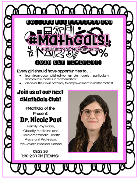 janetdnuzzie's tweet photo. Woohoo! @MarianaBreaux, @WymanEvan, &amp; myself invite all of our Grade 4 #PISDMathChat girls to join us for our 09.23.26 #MathGals Club conversations focused on #MathGals of the Present &amp; #MathGals of the Future! Go, #WomenInSTEM! #NCSM #NCTM #TASMTalk #TCTMTalk #ElemMathChat https://t.co/9enbwzCZsK