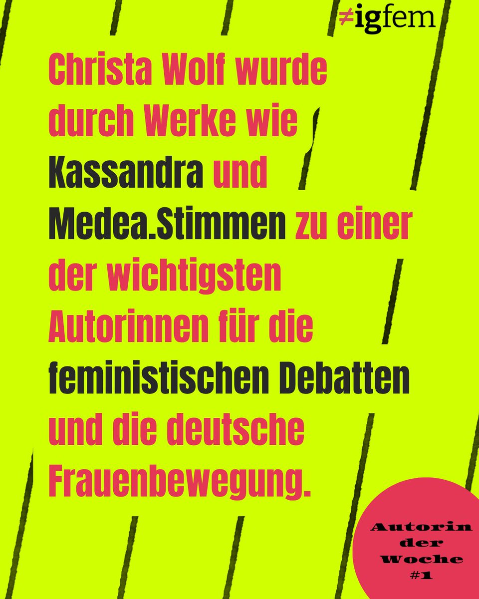 igfemat's tweet photo. 📚 Autorin der Woche

Ab heute stellen wir euch jeden Mittwoch eine Autorin aus unserer FemLit – der feministischen Leseliste – vor. ✨ Heute: Christa Wolf
📖✨https://t.co/7cMIyFaOHZ

#igfem #FeministischeLeseliste #AutorinDerWoche #ChristaWolf #FeministischeLiteratur https://t.co/cleJddX0F5