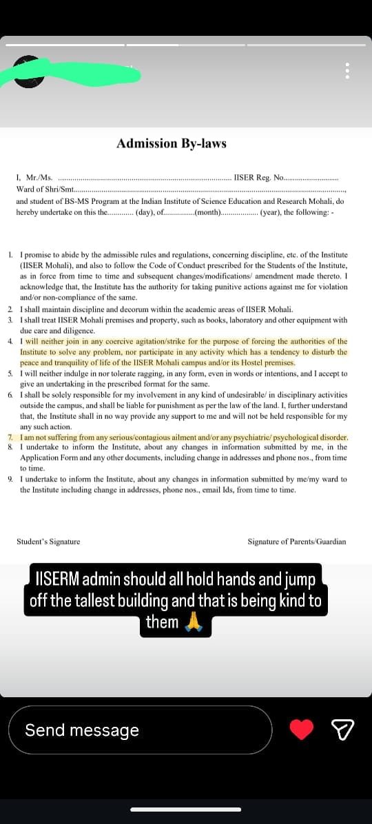 muthuabhi's tweet photo. As we speak of protests in IISER Pune, IISER Mohali is making students sign that they will never sit in protest and that they're not suffering from mental illnesses at the time of admission. https://t.co/rz1qwdgpjf