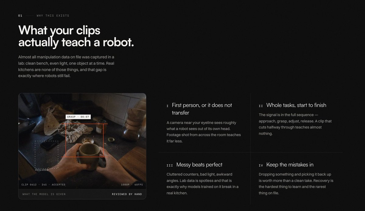 TryAutomata's tweet photo. Robots learn hands by watching people. The footage that teaches it was shot in labs: clean bench, even light, one object at a time.

Your kitchen is none of those things — which is why it's worth paying for.

8.50 USDG per approved clip.

https://t.co/JdMlEDx5PU https://t.co/F94eSrtqmf
