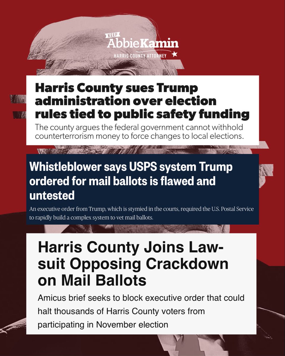AbbieKamin's tweet photo. Trump continues to ignore the law to try to suppress our right to #vote. 

We need your help to keep County Attorney Kamin. She’s the fighter we need who won’t  flinch or fold when it comes to protecting our rights and holdingTrump accountable.

#KeepKamin #CountyAttorneyKamin #HarrisCounty #Houston #Trump