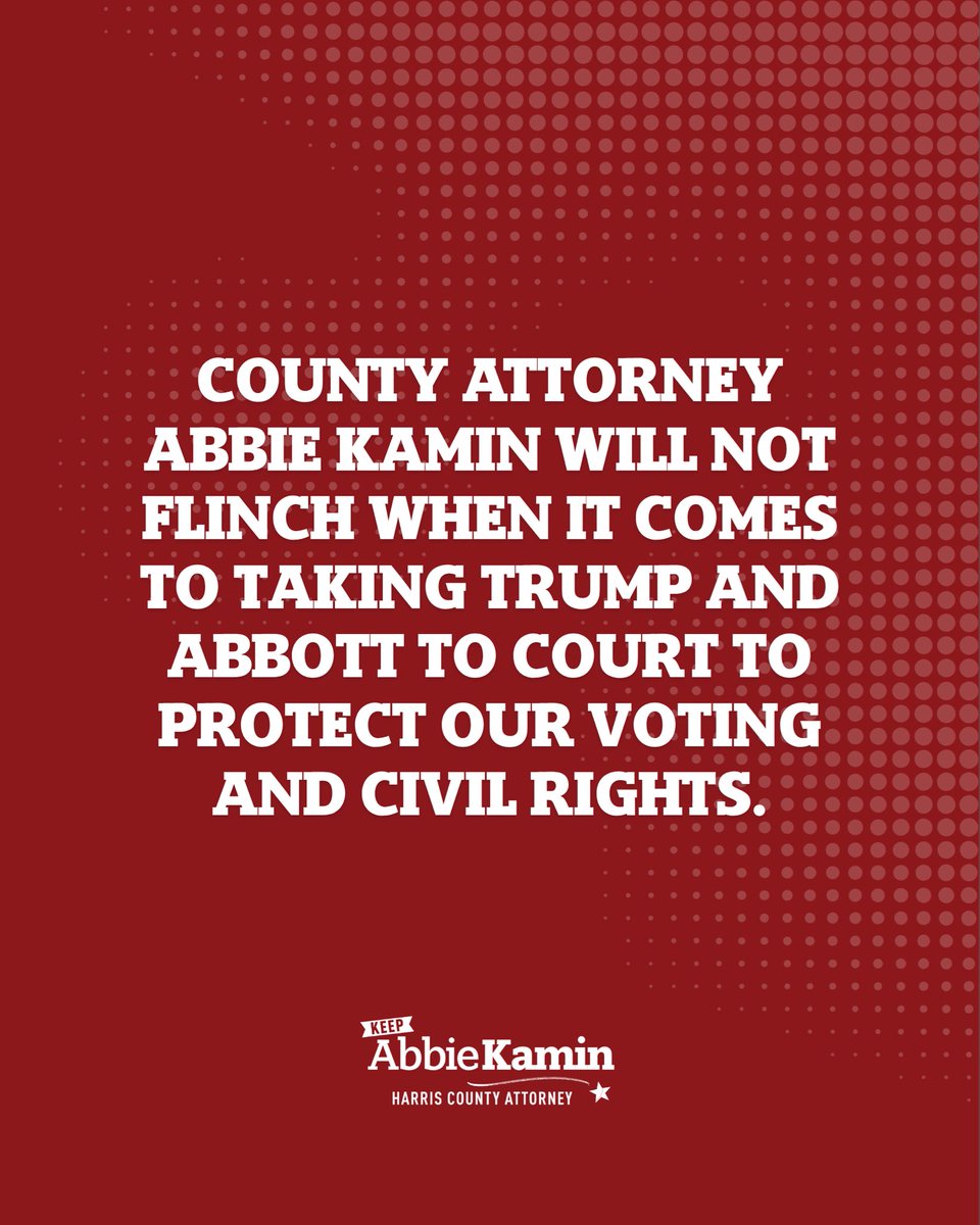 AbbieKamin's tweet photo. Trump continues to ignore the law to try to suppress our right to #vote. 

We need your help to keep County Attorney Kamin. She’s the fighter we need who won’t  flinch or fold when it comes to protecting our rights and holdingTrump accountable.

#KeepKamin #CountyAttorneyKamin #HarrisCounty #Houston #Trump