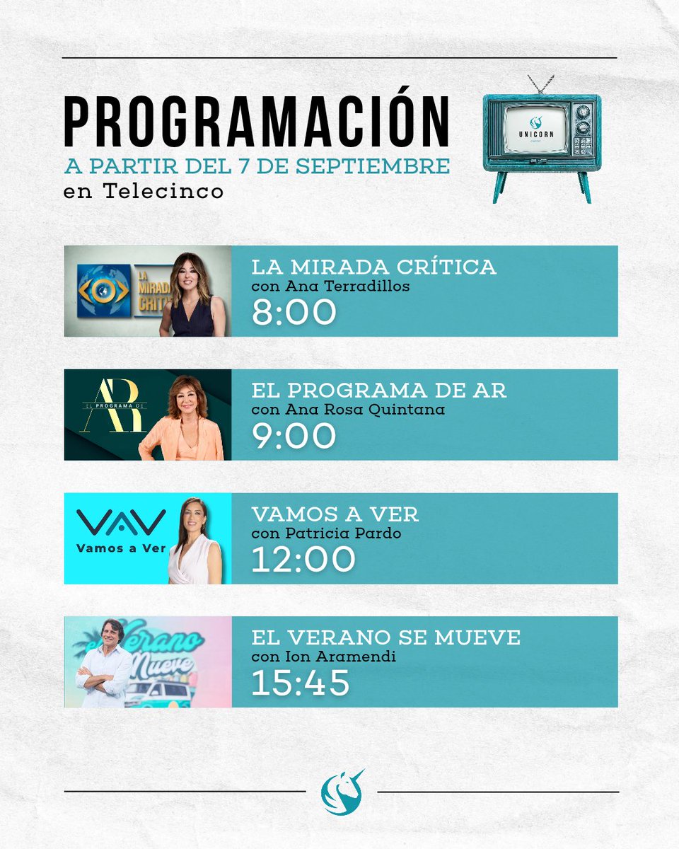 unicorntves's tweet photo. 📺 Así quedará la programación de nuestros espacios diarios, de lunes a viernes, en Telecinco 👇🏻 https://t.co/woCp1K2YCG