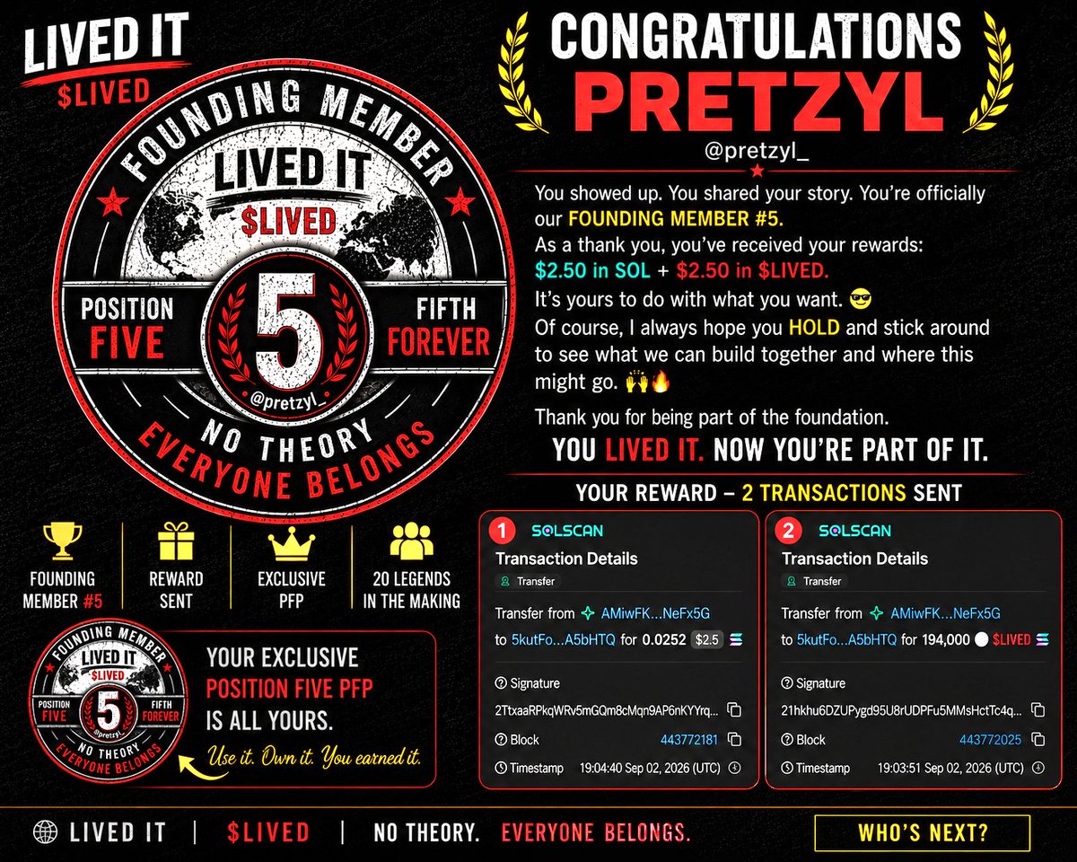 LIVEDITglobal's tweet photo. 🔥 FOUNDING MEMBER #5 IS OFFICIAL. 🔥

Congratulations @pretzyl_ — PRETZYL. 🫡

Sometimes the hardest part really is just taking that first step.

Pretzyl shared a real LIVED IT moment — hesitating over a simple message, wondering what the response might be, and finally deciding to just hit SEND.

That’s what this is about.

Real people.
Real experiences.
Real stories.

And now that story is permanently part of the foundation.

🏆 FOUNDING MEMBER #5
🎁 $2.50 in SOL + $2.50 in $LIVED SENT
👑 Exclusive Position Five PFP
🔒 FIFTH FOREVER

The reward is yours to do with whatever you want. 😎

But of course, I hope you HOLD that $LIVED, stay with us, and see what we can build together and where this thing might go. 👀🔥

Thank you for believing and for being one of the FIRST 20.

5 DOWN. 15 TO GO.

WHO’S NEXT? 🌎🔥

NO THEORY.
EVERYONE BELONGS.

#LIVEDIT #LIVED #Solana #Founding20