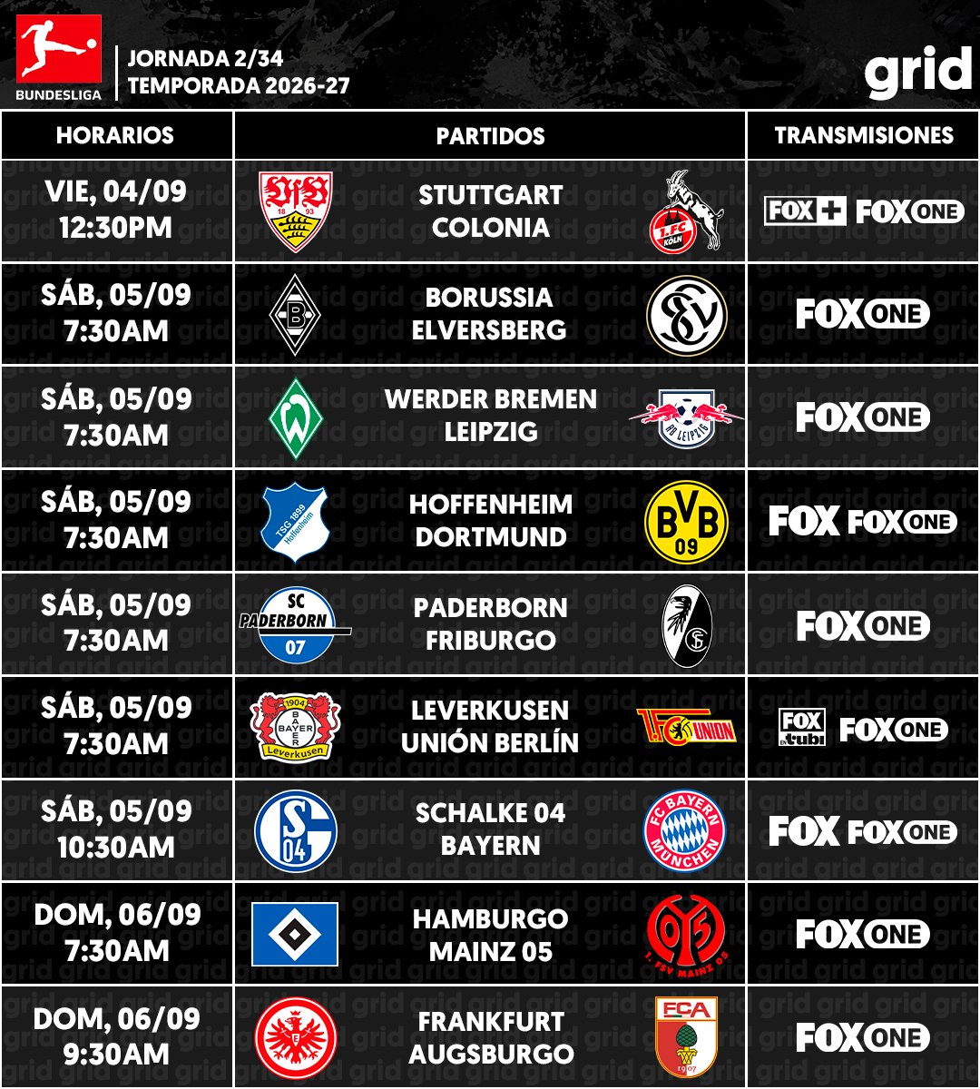 gridDeportes's tweet photo. 🗓 Grid Europeo del 3 al 7 de septiembre [T. 2026-27]

🇪🇸 LaLiga EA Sports — Jornada 4
🇮🇹 Serie A — Jornada 3
🇫🇷 Ligue 1 — Jornada 3
🇩🇪 Bundesliga — Jornada 2

ℹ️ Horarios y transmisiones para México.
⚠️ Sujeto a cambios de último momento. https://t.co/QRfFsLt9Ip