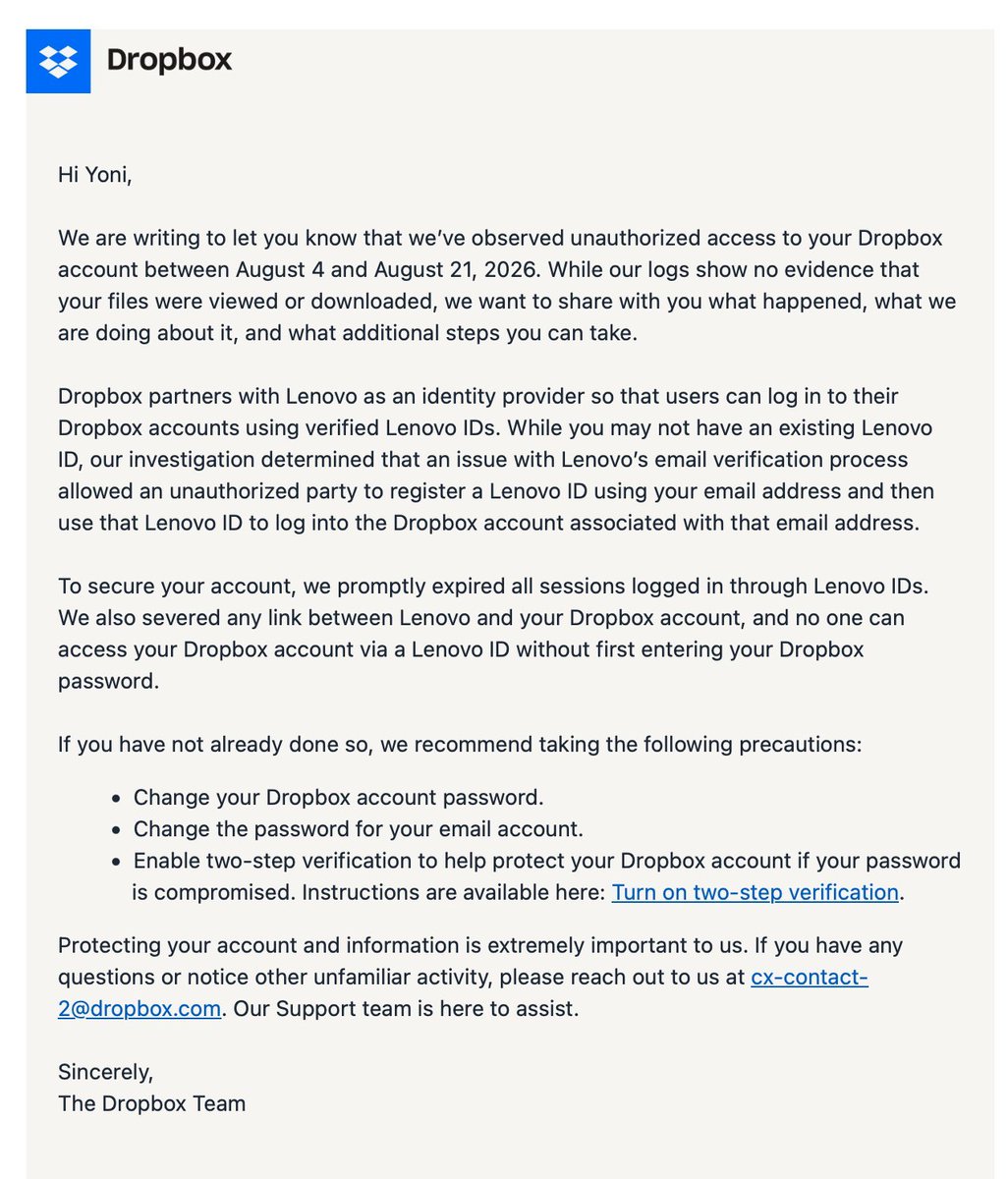 IntCyberDigest's tweet photo. ‼️ BREAKING: Dropbox says around 5,000 accounts were accessed without authorisation between 4 and 21 August, with files viewed or downloaded in fewer than a third of them.

Registering a Lenovo ID with someone else's email address was enough. Dropbox trusted Lenovo's verification and handed over a session.

Dropbox has terminated every Lenovo ID session and notified regulators.