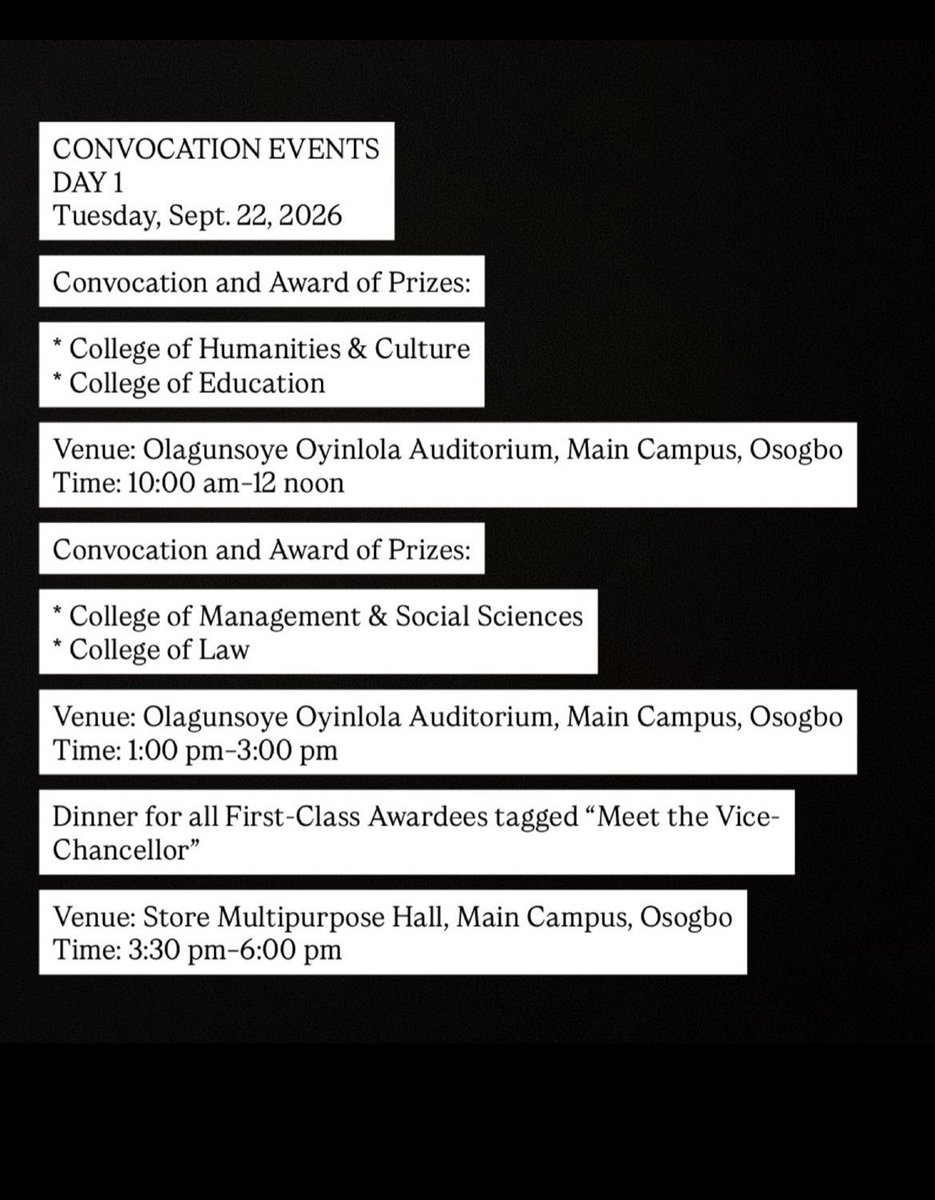 ftdparrot's tweet photo. 🎓 CONVOCATION 2026 | COLLEGE OF LAW ⚖️

The College of Law, Osun State University, will be having its Convocation and Award of Prizes on:

📅 Tuesday, September 22, 2026
⏰ 1:00 PM – 3:00 PM
📍 Olagunsoye Oyinlola Auditorium, Main Campus, Osogbo

BE THERE!!! https://t.co/vAEyR5f7Ym