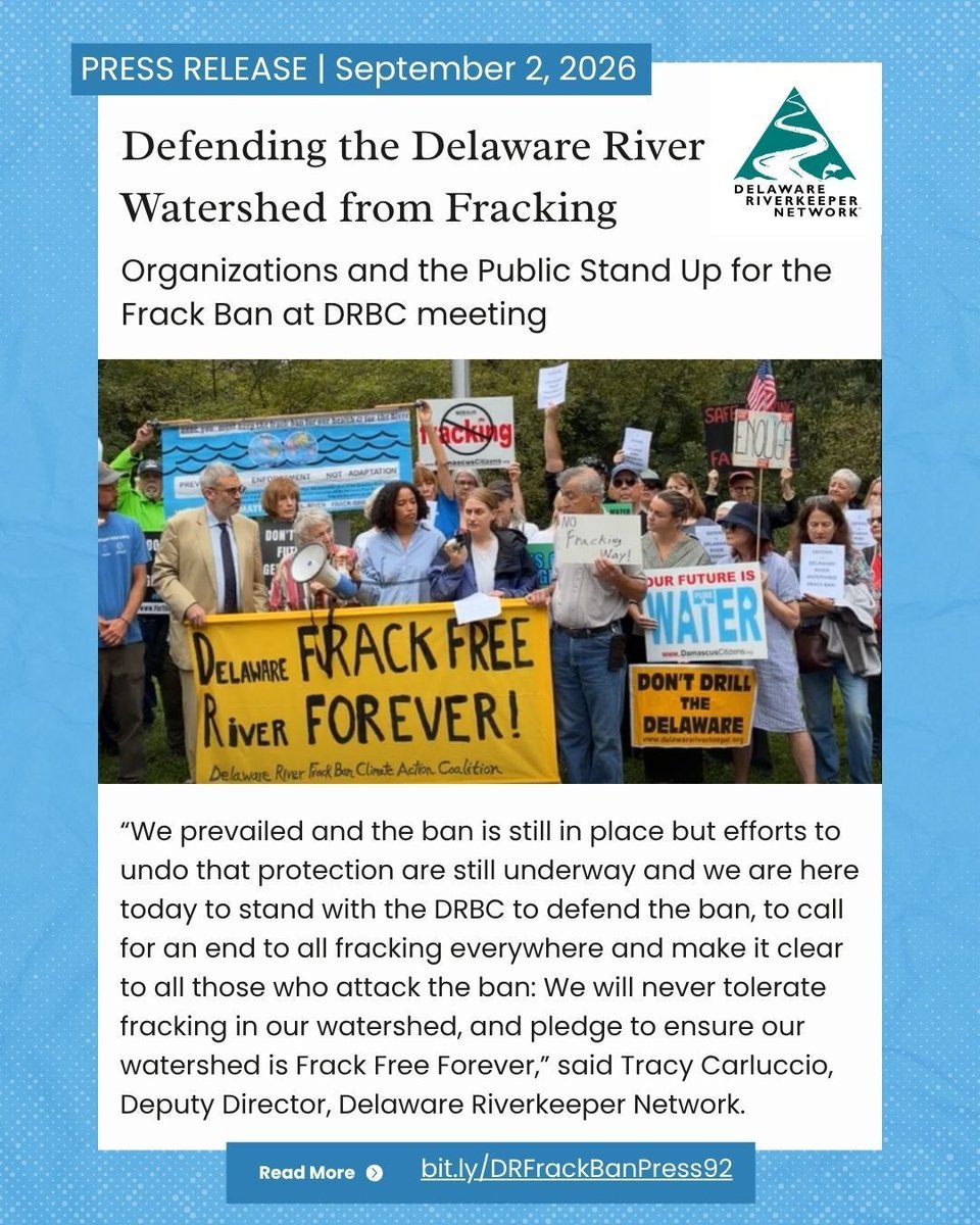 DelRiverkeeper's tweet photo. PRESS RELEASE:
Defending the Delaware River Watershed from Fracking
Organizations and the Public Stand Up for the Frack Ban at DRBC meeting
Read it all here:
https://t.co/HVxOboEhrN
#DelawareRiver #FrackBan #NoFracking #DontDrilltheDelaware #DRBC #FrackOFF #FrackFreeForever https://t.co/TFk4nbaS4n