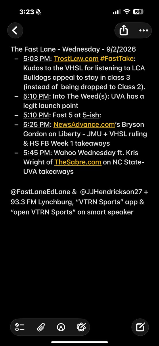FastLaneEdLane's tweet photo. #WahooWednesday today in The Fast Lane ft. Kris Wright of @TheSabre. @NewsAdvance reporter BG @BrysonGordon on VHSL rulings &amp; #Liberty Flames QB battle &amp; Battle of the Blue Ridge at #JMU. Join @JJHendrickson27 &amp; me (peep photos for how)! https://t.co/l1rUtCibBb