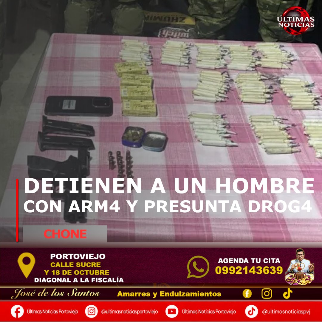 PortoviejoN's tweet photo. Detienen a un hombre con arm4 y presunta drog4
#CHONE #MANABÍ
Las Fuerzas Arm4das del Ecuador, a través de la Fuerza de Tarea Conjunta Manabí, ejecutaron una operación de control territorial en el sector Paraíso, calle Pichincha, en el cantón Chone.
Durante la intervención fue aprehendido un ciudadano a quien presuntamente se le encontró en su poder una pist0la calibre 9 milímetros, dos alimentadoras y varias municiones. Más información en este enlace: https://t.co/j9wP1aNlr1