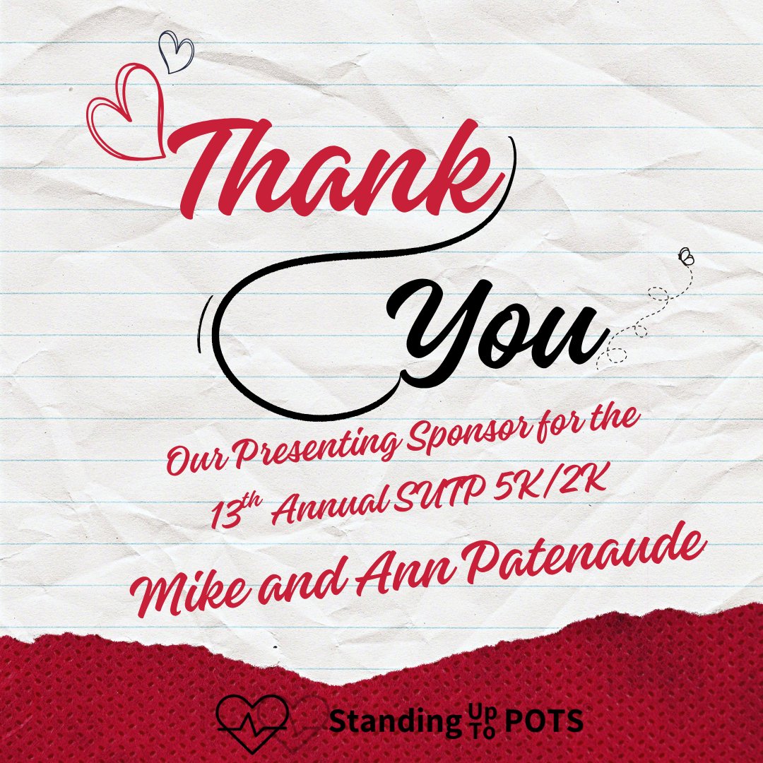 POTSActivist's tweet photo. We’re incredibly grateful to Mike and Ann Patenaude, our Presenting Sponsors for the 13th Annual #SUTP 5K/2K! Their generosity is making a difference for the #POTS community—helping us fund vital #research. Thank you for standing up and inspiring hope! 💙 https://t.co/EVWFy9G58K https://t.co/2U3l6jtqyv