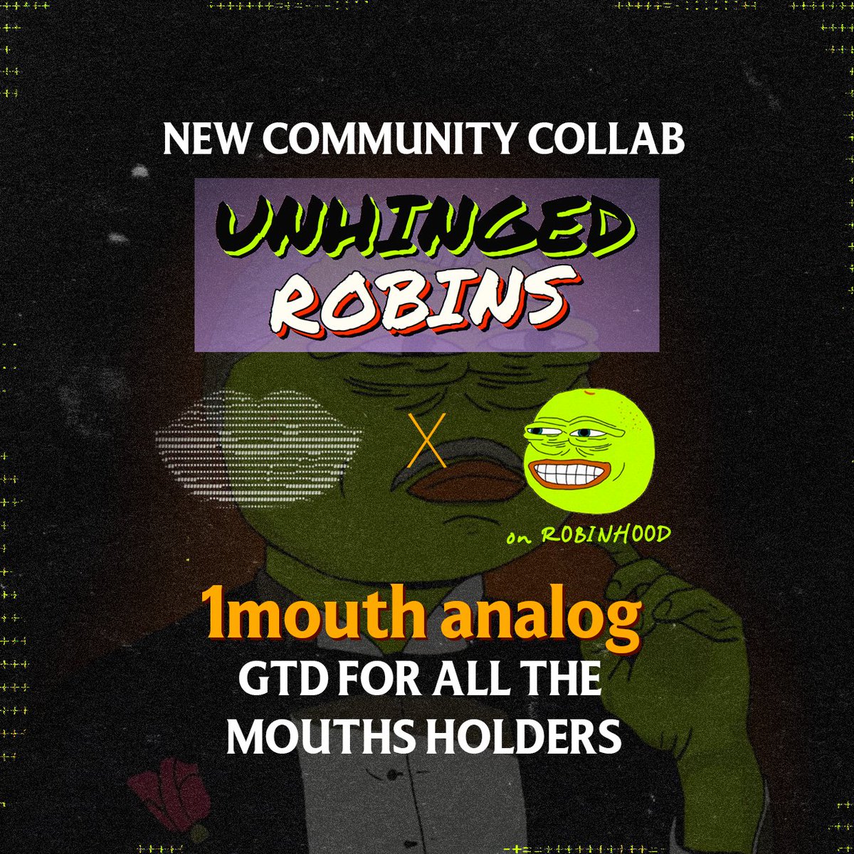 youmiirror's tweet photo. New cross-chain community collab! 🫦

Have you ever been this early? 👀

Big thanks to the @UnhingedRobins' team for providing GTD access for their upcoming release on Robinhood to all the "1mouth analog" collectors! 

Snapshot already taken 👄📸 Are you late again, anon?

I'm looking forward to see this psycho-hilarious collection, and it's already verified on @opensea... go give Unhinged Robins a follow!