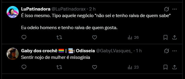 SkyLordBR's tweet photo. @GabyLVasques_ @LuPatinadorax @bipoloba Ela mesma confirma que ela tem nojo de mulher que gosta de homem. O problema é o homem, nao a mulher para ela. Sentir odio de homem e de quem gosta é misandria. https://t.co/RzaZAElHsv