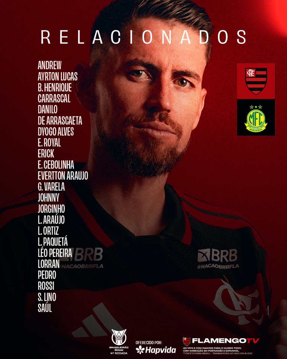 Flamengo's tweet photo. Confira os #relacionados do MENGÃO para o confronto contra o Mirassol pelo Brasileirão! 🔴⚫️ https://t.co/Uirr1t4RRM