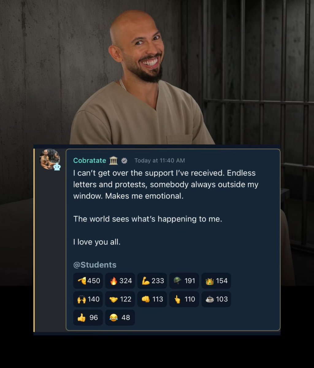 neoupdateshq's tweet photo. 🚨 Andrew Tate SHARES a heartwarming message to all his fans who have been supporting him since Day 1: ❤️😢

“I love you all” https://t.co/GXmeAKMWQf