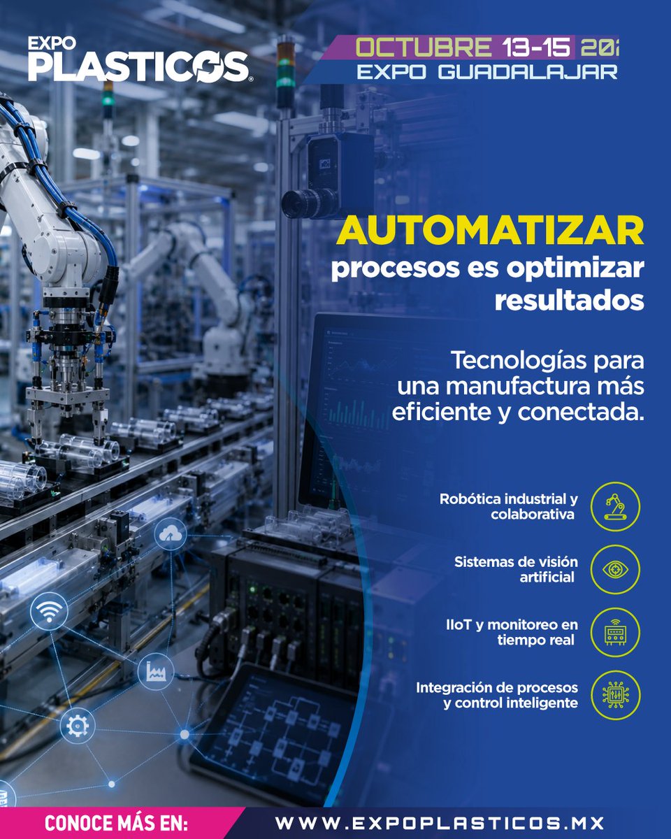 ExpoPlasticos's tweet photo. La automatización industrial permite mejorar la repetibilidad de los procesos, optimizar los tiempos de ciclo e incrementar la estabilidad de la producción mediante la integración de robótica, sistemas de control y monitoreo en tiempo real. https://t.co/dStM4f1uZ9