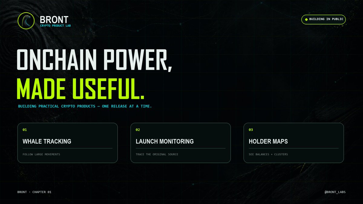 BRONT_Labs's tweet photo. 1/4

BRONT is a crypto lab building practical tools that make onchain data easier to understand and use. Our first products👇

Whale tracking. Launch monitoring. Holder maps.

We’re building in public, one useful product at a time.

Onchain power, made useful. 🦕 https://t.co/auNvolsR1d