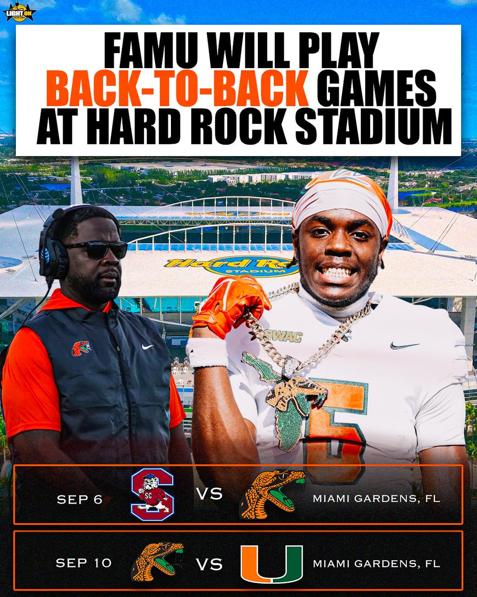 LightOnSports's tweet photo. FAMU will play its next two games at Hard Rock Stadium in Miami Gardens, Fla. 👀

September 6: vs. South Carolina State (OBC)
September 10: vs. Miami https://t.co/j4MCNQFqY4