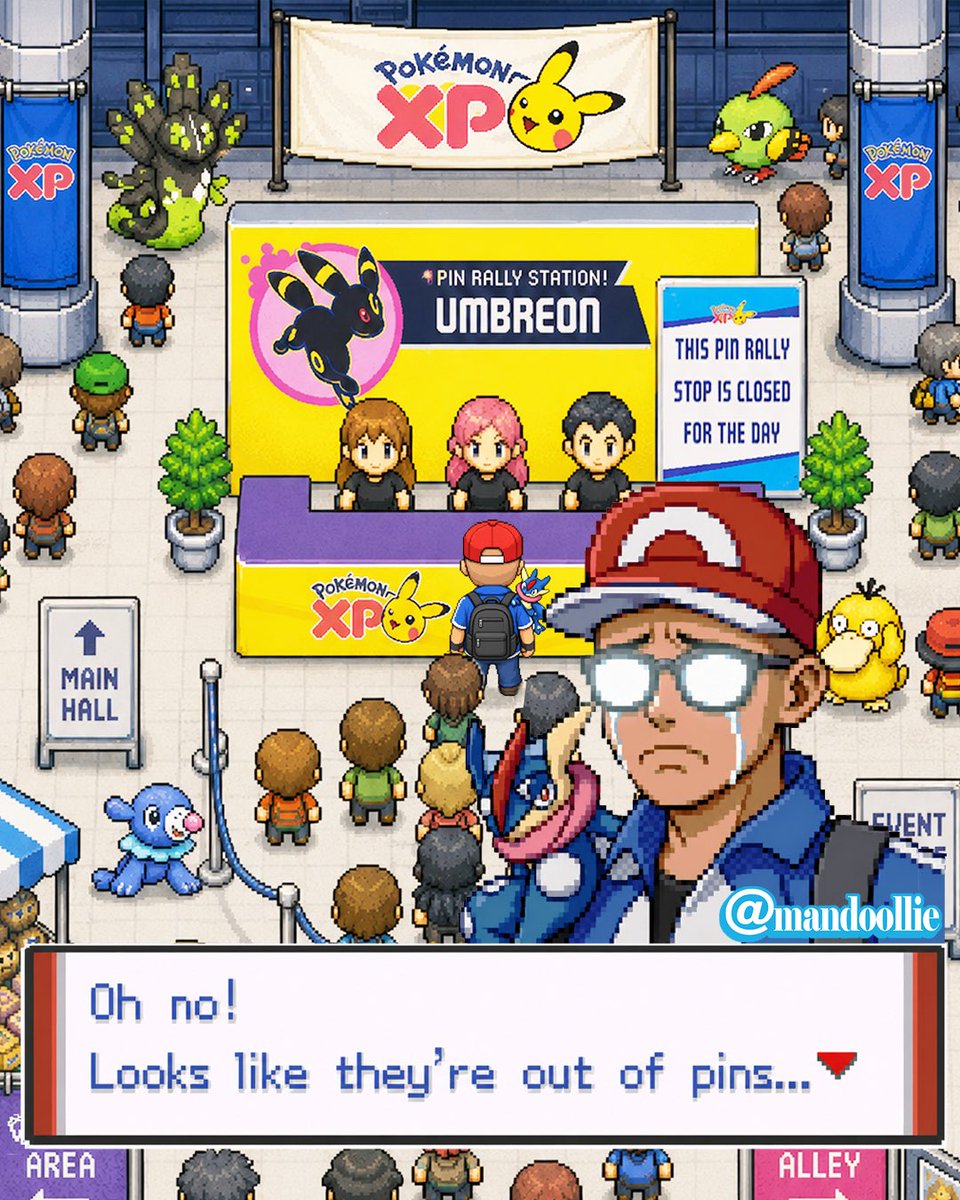 SFGoldie49's tweet photo. The Pokémon XP Pin Rally was definitely a QUEST. 😂📍

Didn’t catch ’em all, but the adventure, cosplayers, Pokémon fans &amp; overall vibes made it worth it. 💙

So naturally… I had to turn the experience into a retro Pokémon game. 🎮😂

#PokemonXP #PokemonWorlds #PinRally https://t.co/CYhsDW6ntg