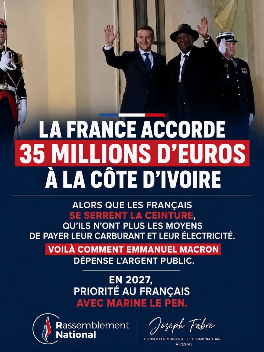lolitazemorita's tweet photo. 🔴CE MEC EST FOU ‼️‼️ARRETEZ LE ET JUGEONS LE 😡😡😡😡
‼️🚨‼️🚨‼️🚨‼️🚨‼️🚨
Malgré 3500 Milliard de dettes, Macron continue de flamber avec l’argent des Français 🔥💰

35 millions d’euros d’argent public pour financer le métro d’Abidjan et des équipements sportifs en Côte d’Ivoire.

Pendant ce temps, en France, des millions de nos compatriotes comptent chaque euro : carburant ⛽, électricité ⚡, courses 🛒

Alors que notre pays est lourdement endetté et que le pouvoir d’achat reste la préoccupation quotidienne des Français, nos priorités doivent d’abord être chez nous.

👉 En 2027, remettons les Français au cœur des choix budgétaires.

🇫🇷 Avec Marine Le Pen : priorité aux Français !

#MarineLePen #France #PouvoirDAchat #RN