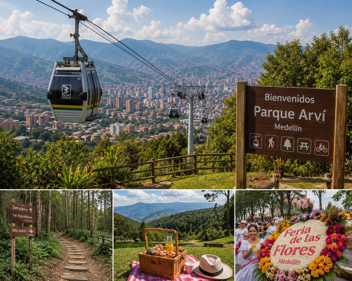 InCityExp's tweet photo. Escape the hustle and find tranquility in #Medellín! 🌄✨ Hop on a cable car to Parque Arví for breathtaking views, hiking trails, and ideal picnic spots. Don’t miss out on the vibrant Feria de las Flores in August! 🌸 #TravelColombia https://t.co/tKjHpXg2Qv