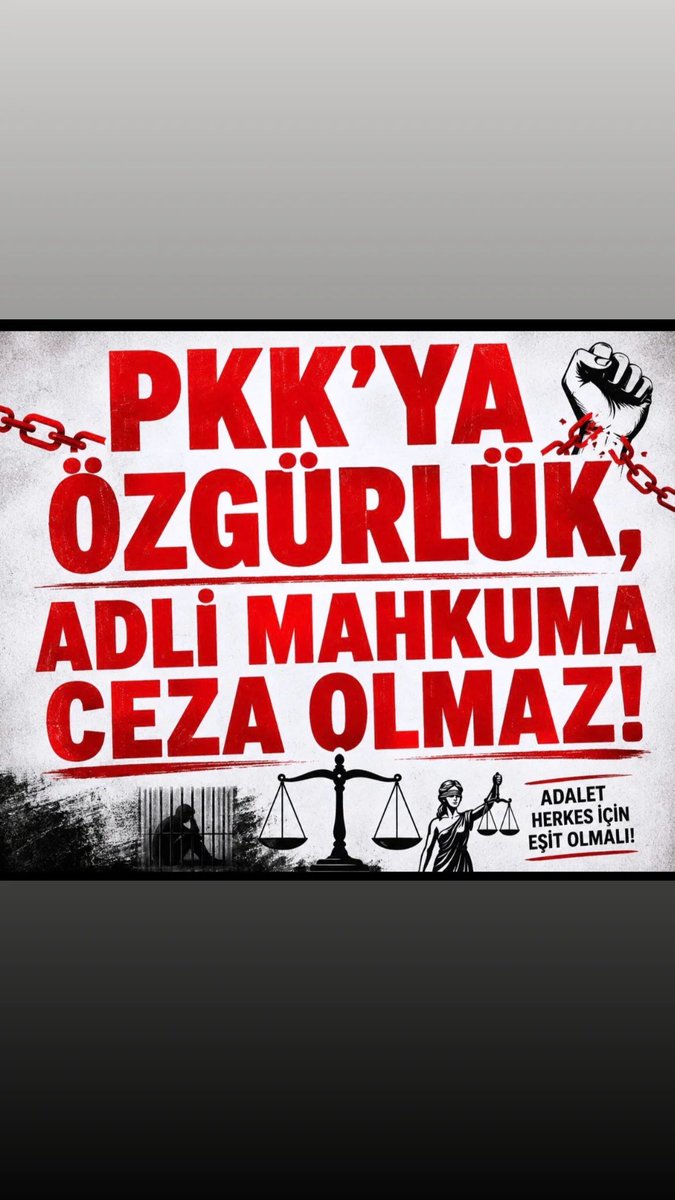 yazlikdusa30387's tweet photo. @Akparti Adalet sadece kararda değil, infazda da yaşamalıdır. Eşit adalet, eşit kapsam gerektirir. Adli mahkumların infaz hukukundaki eşitlik talebi daha fazla ertelenmemelidir. #AdliMahkumaEşitYasa
CEZADA ADALET İNFAZDA EŞİTLİK https://t.co/oYCaRpdeZ9
