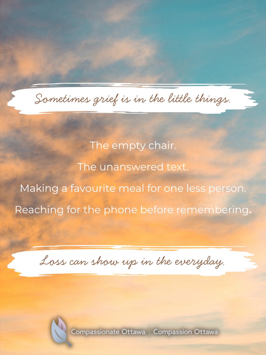 Compassionate_O's tweet photo. Grief can show up in the smallest, most unexpected moments. A familiar song, an empty chair, or a routine that suddenly feels different can bring the loss back to the surface. 💙

#GriefSupport #GriefAndBereavement #CompassionateOttawa #GriefJourney https://t.co/Utuv5zfGD1
